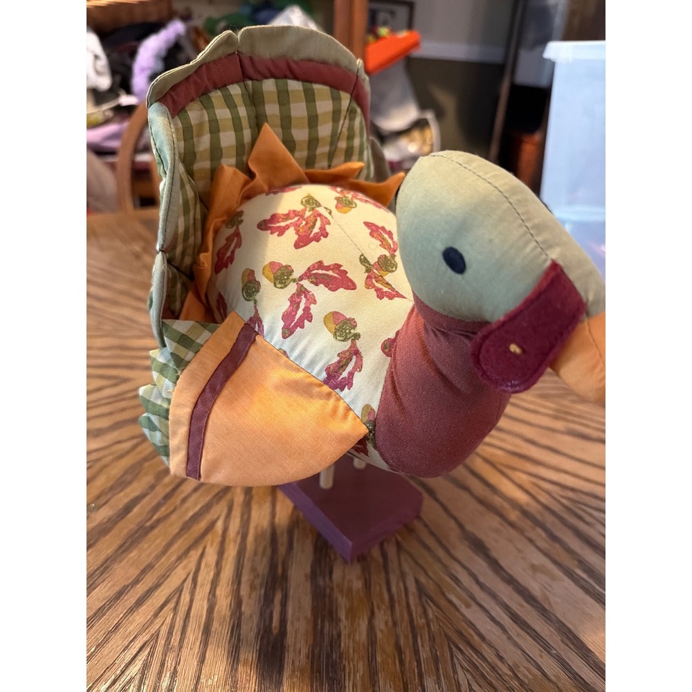 Hallmark Fabric Turkey Figurine Thanksgiving Decor Wood Base Patchwork Fall